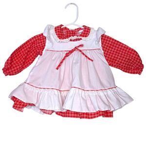 Alexis VTG Baby Girl Dress Pinafore‎ Size 6M Plaid Ruffle Eyelet Collar Red 80s